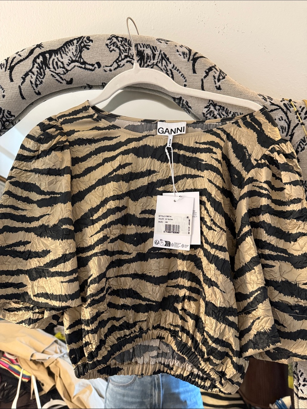 Ganni Black and Gold Zebra-Stripe Puff Sleeve Blouse